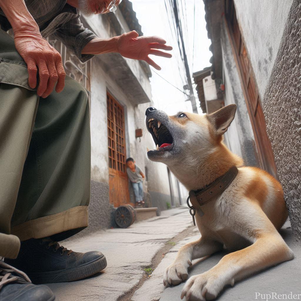 Aggressive dog growling and barking at a passerby.