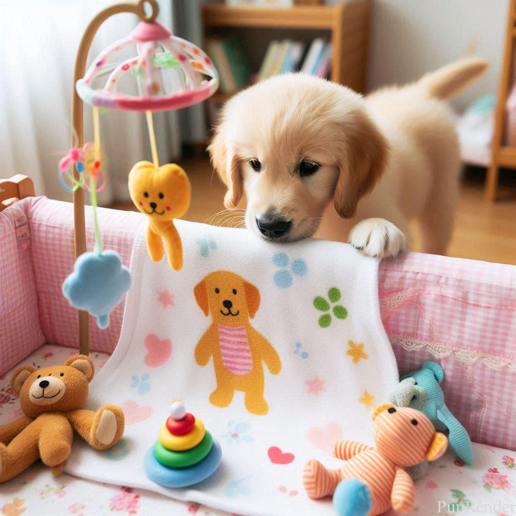 A dog looking curiously at a newborn baby.