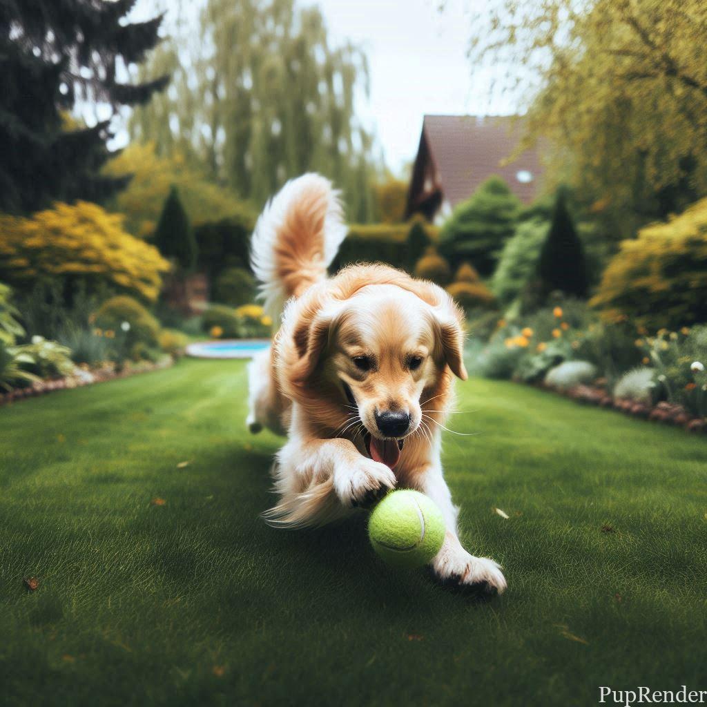 Dog playing fetch in the backyard.