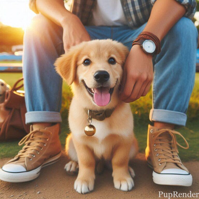 A happy dog sitting obediently in front of its owner.