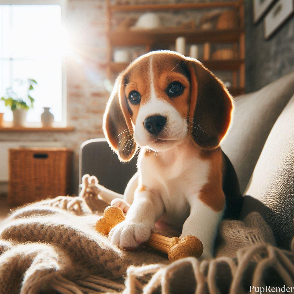 A Beagle puppy with its head tilted, showing off its floppy ears.