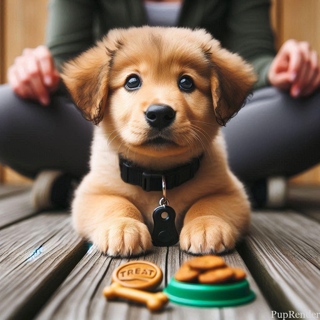Puppy training with a clicker and treat reward.