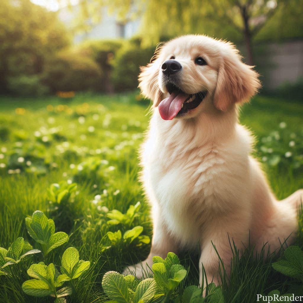 Calm and well-behaved dog sitting on grass