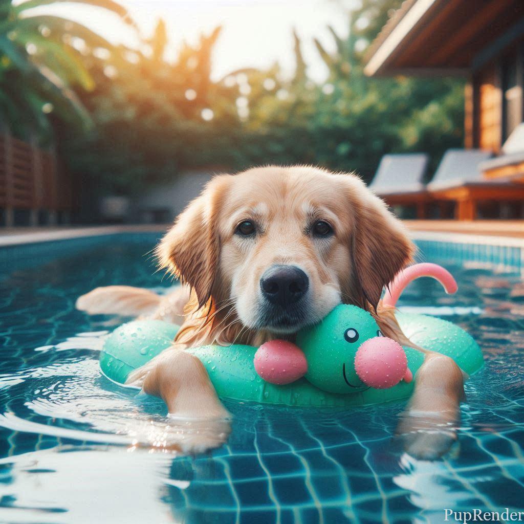 A dog swimming with a floating toy in a pool.