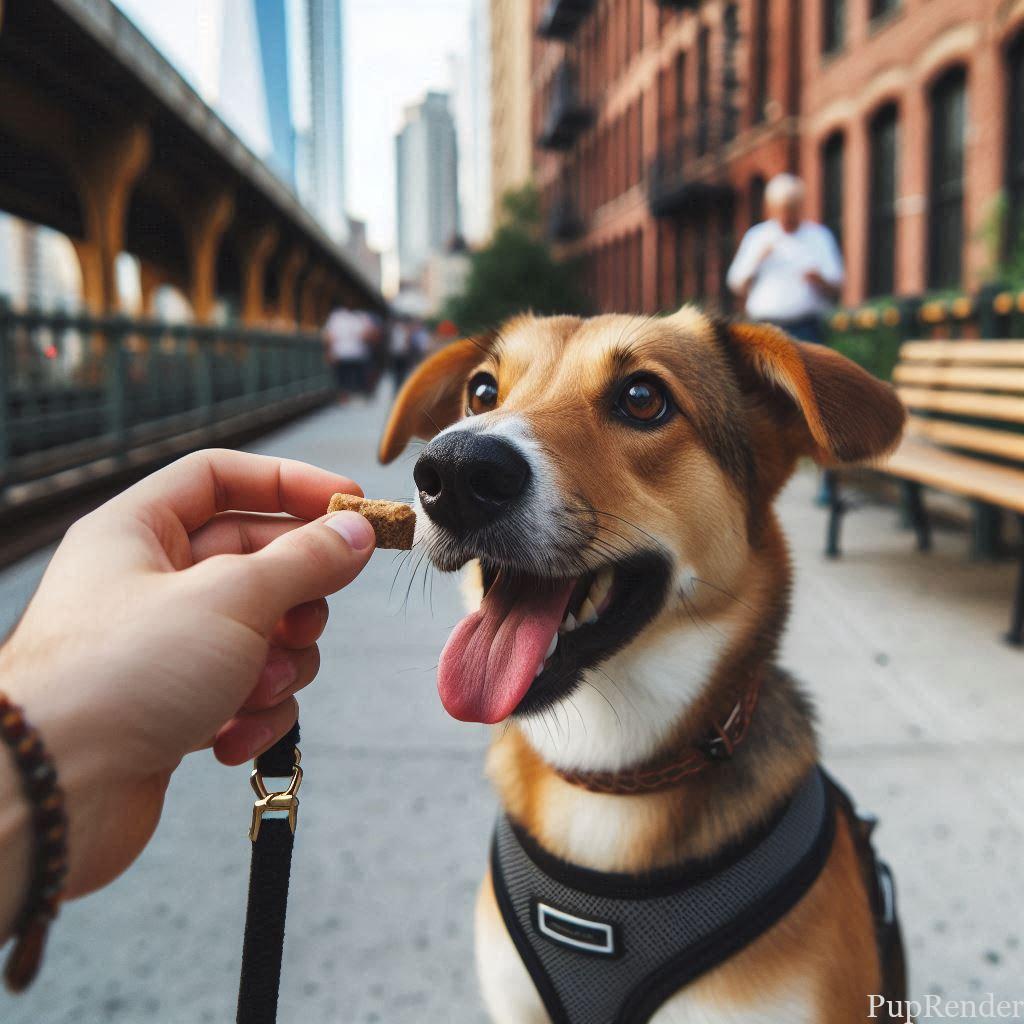 Dog receiving a treat.