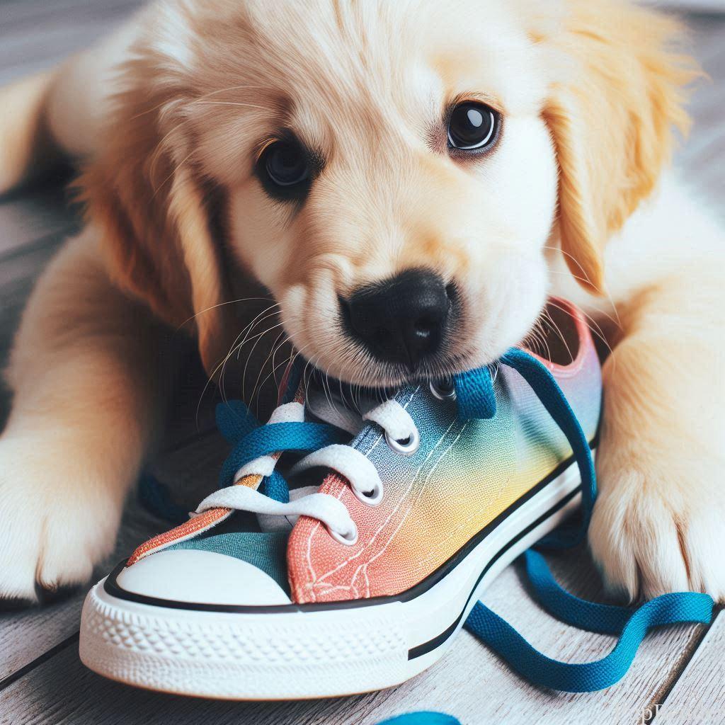 Dog chewing on a shoe