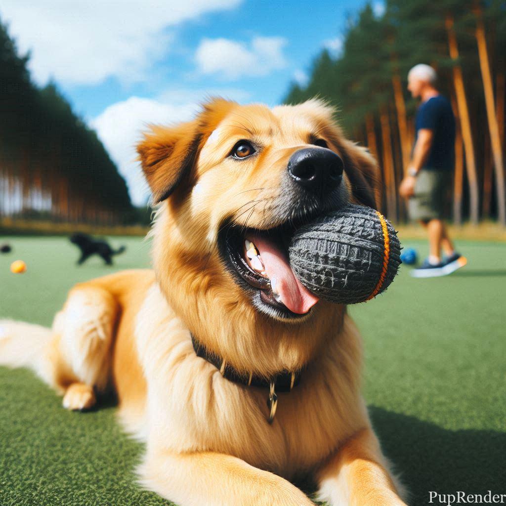 Dog playing fetch during a training break.