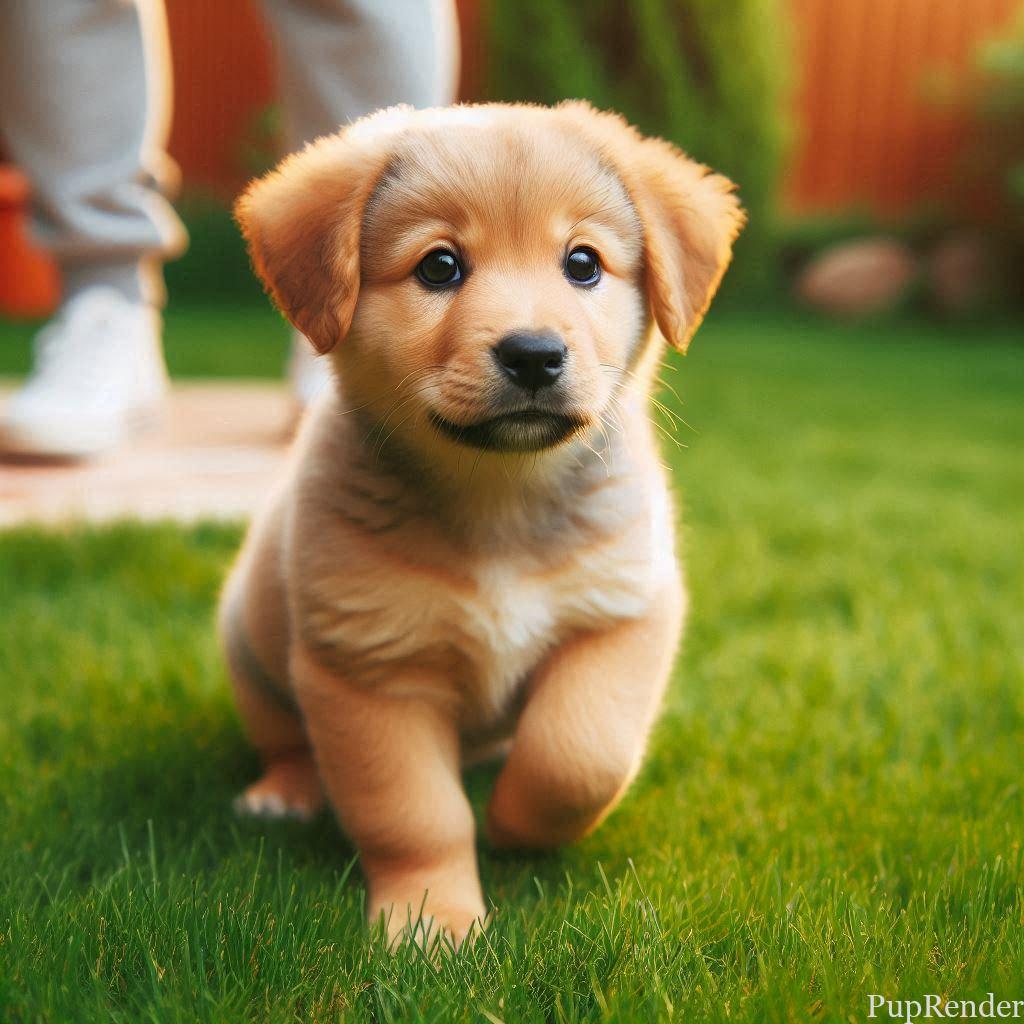Puppy learning house training in a grassy yard.