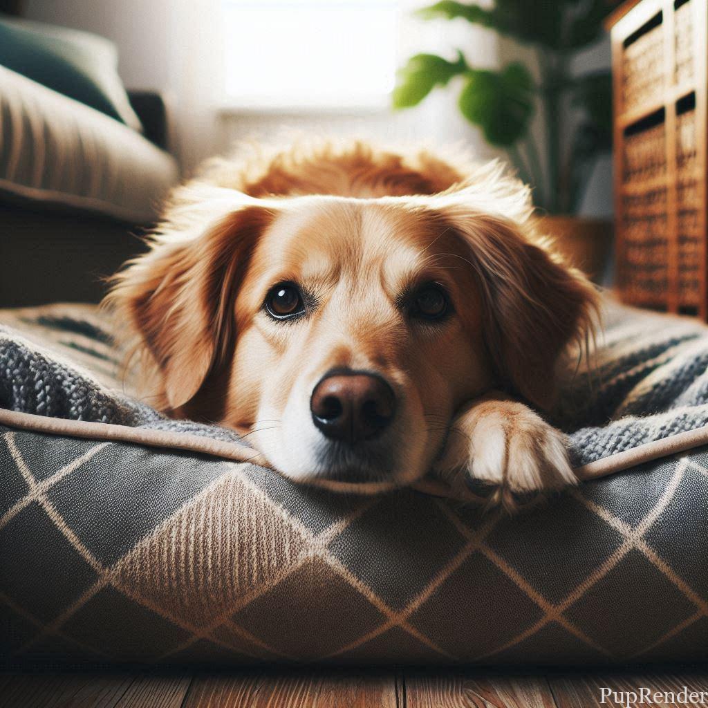 Dog laying comfortably on a bed in the corner