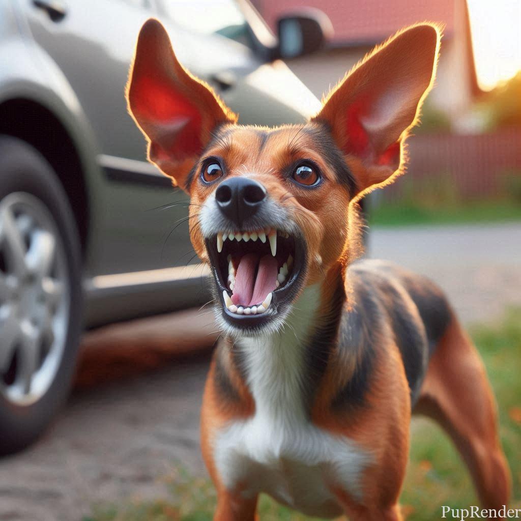 Dog growling with tense body language.