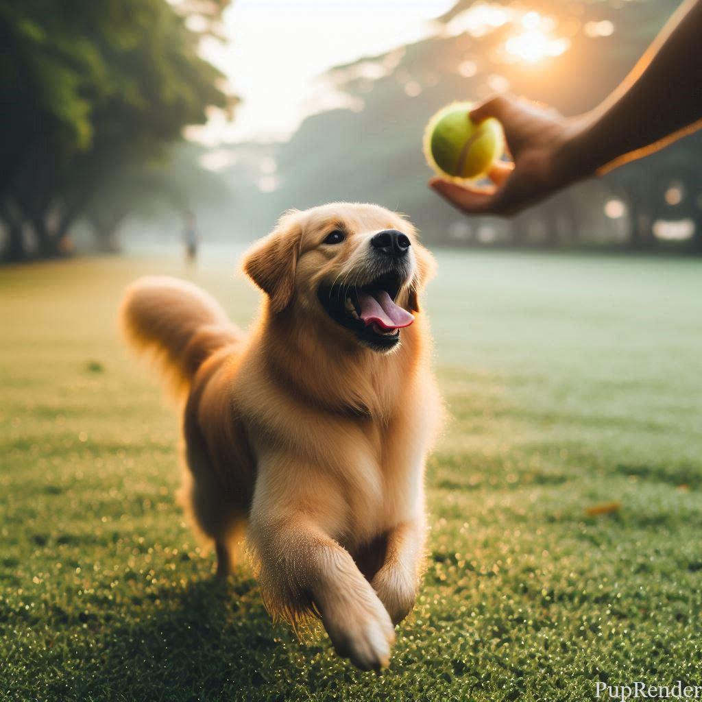 Dog playing fetch after a successful training session.