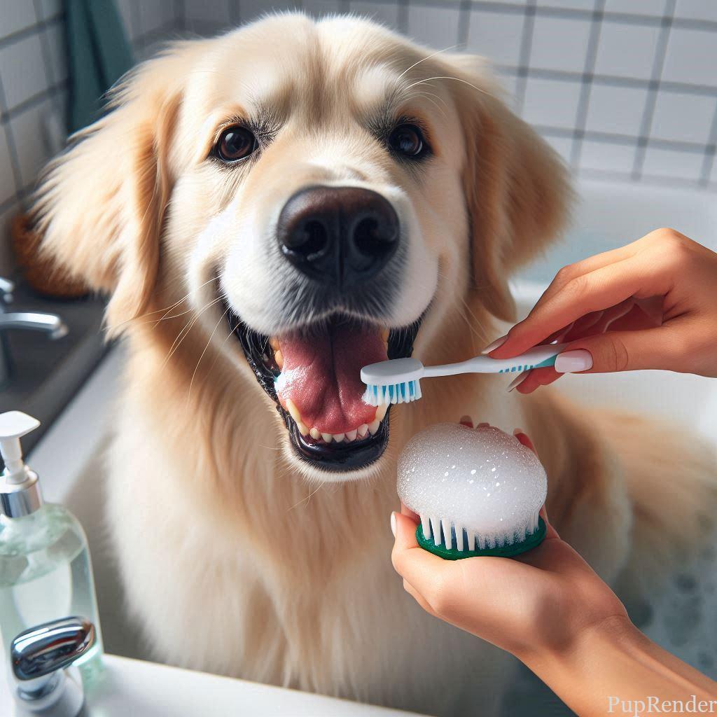 Dog getting teeth brushed