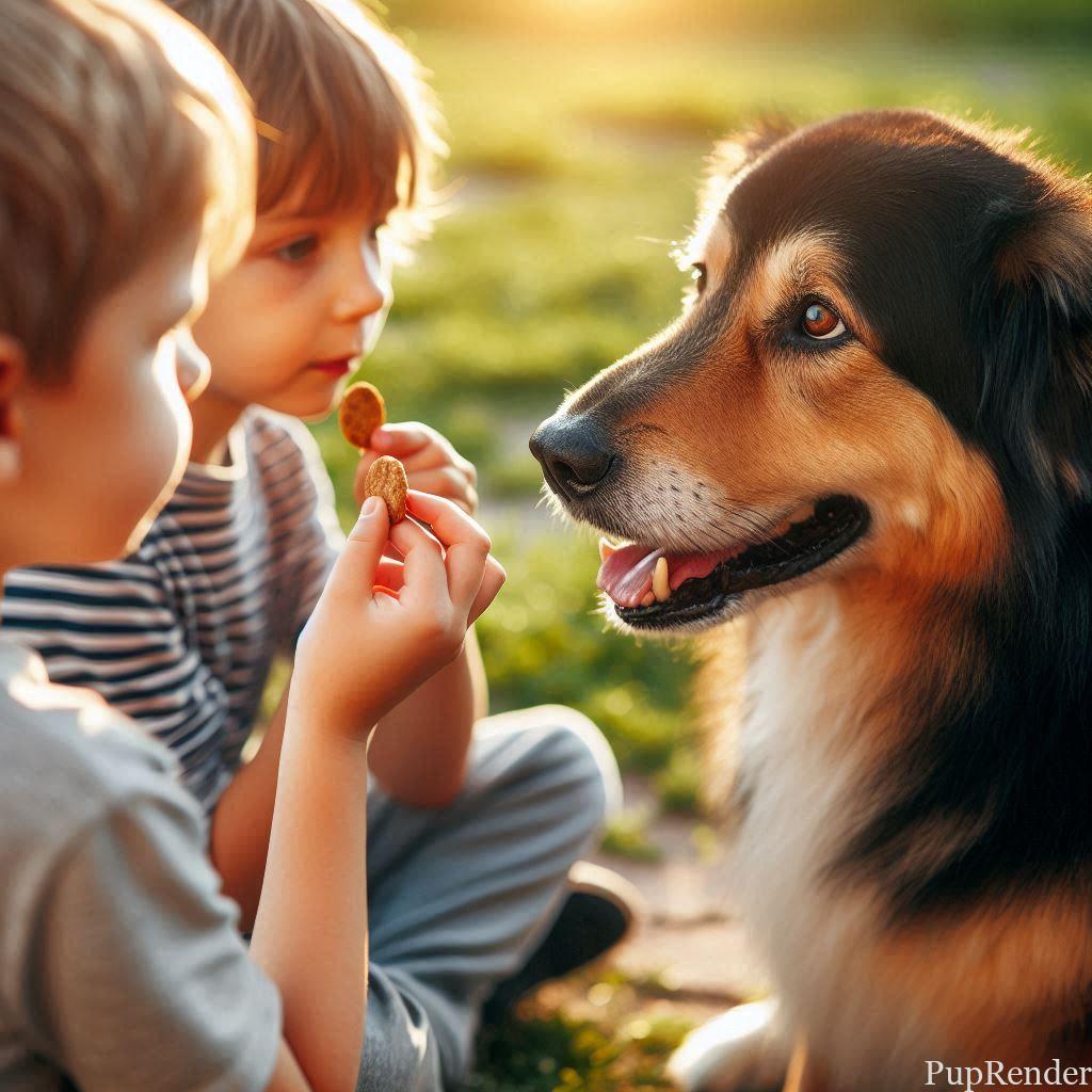 A dog receiving a treat for good behavior near children.