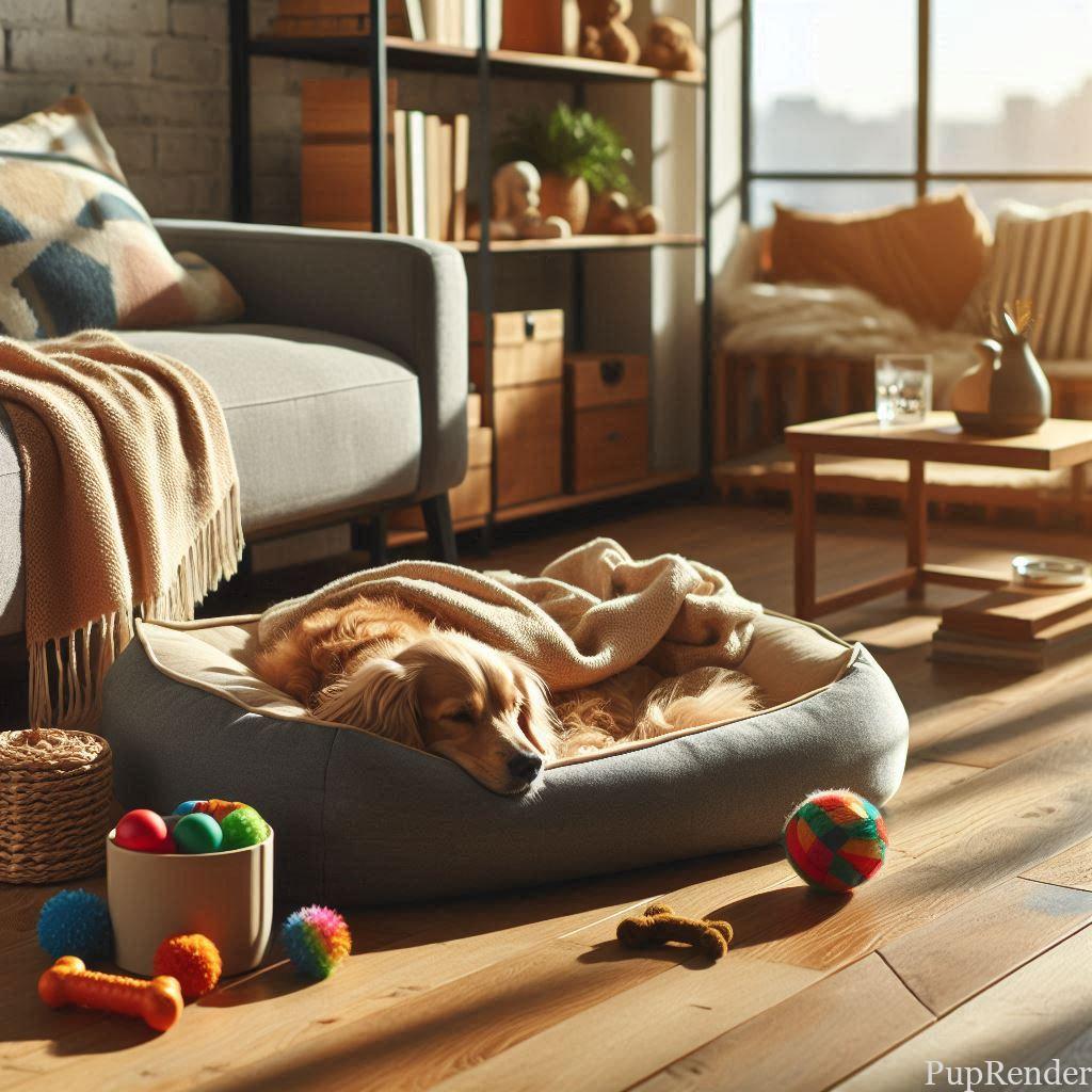 New dog bed and toys in a living room