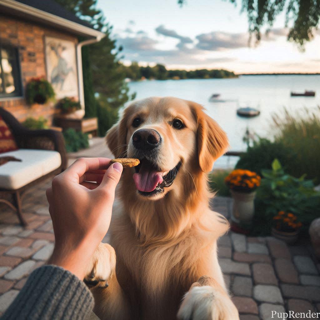 Max receiving a treat after performing a trick.