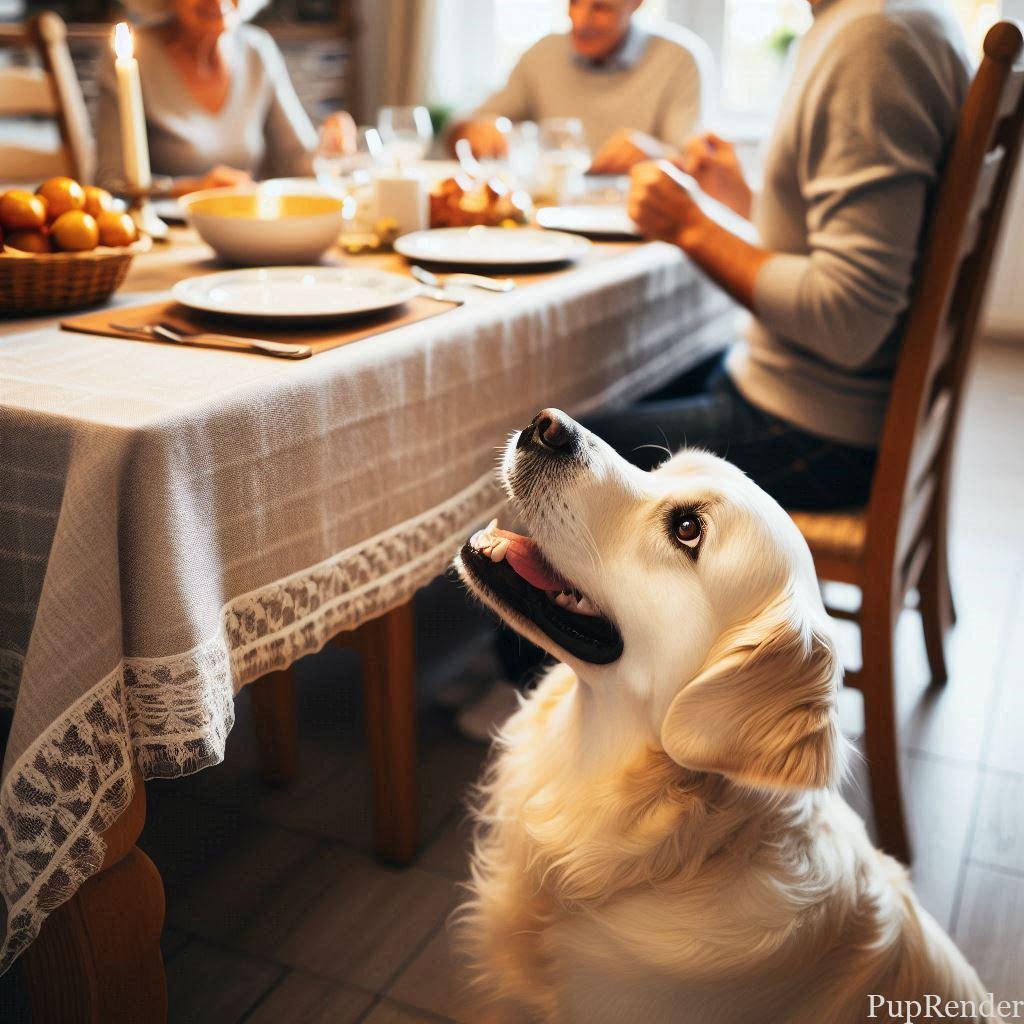 Dog refusing food at the dinner table.