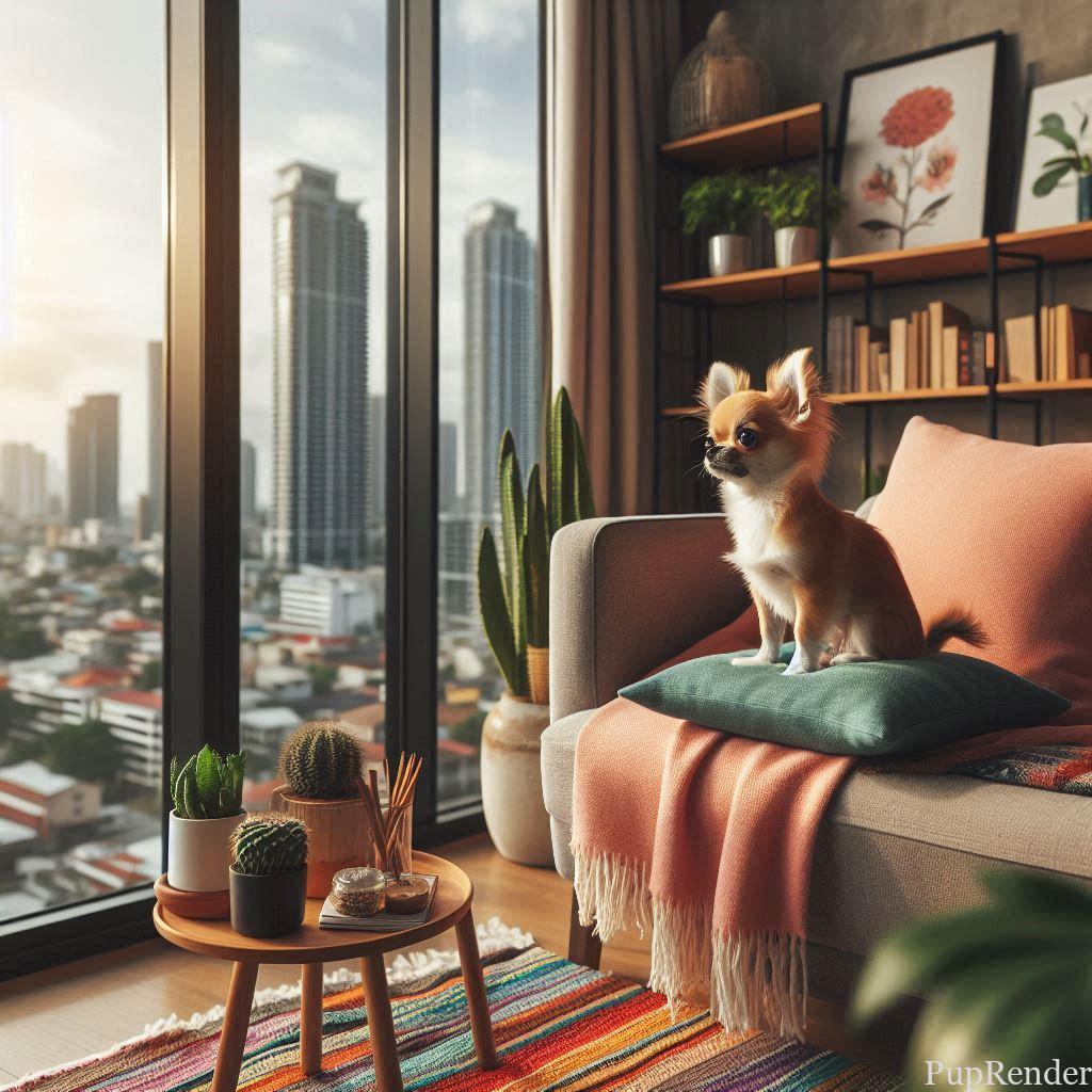Small dog lounging on a couch in a cozy apartment