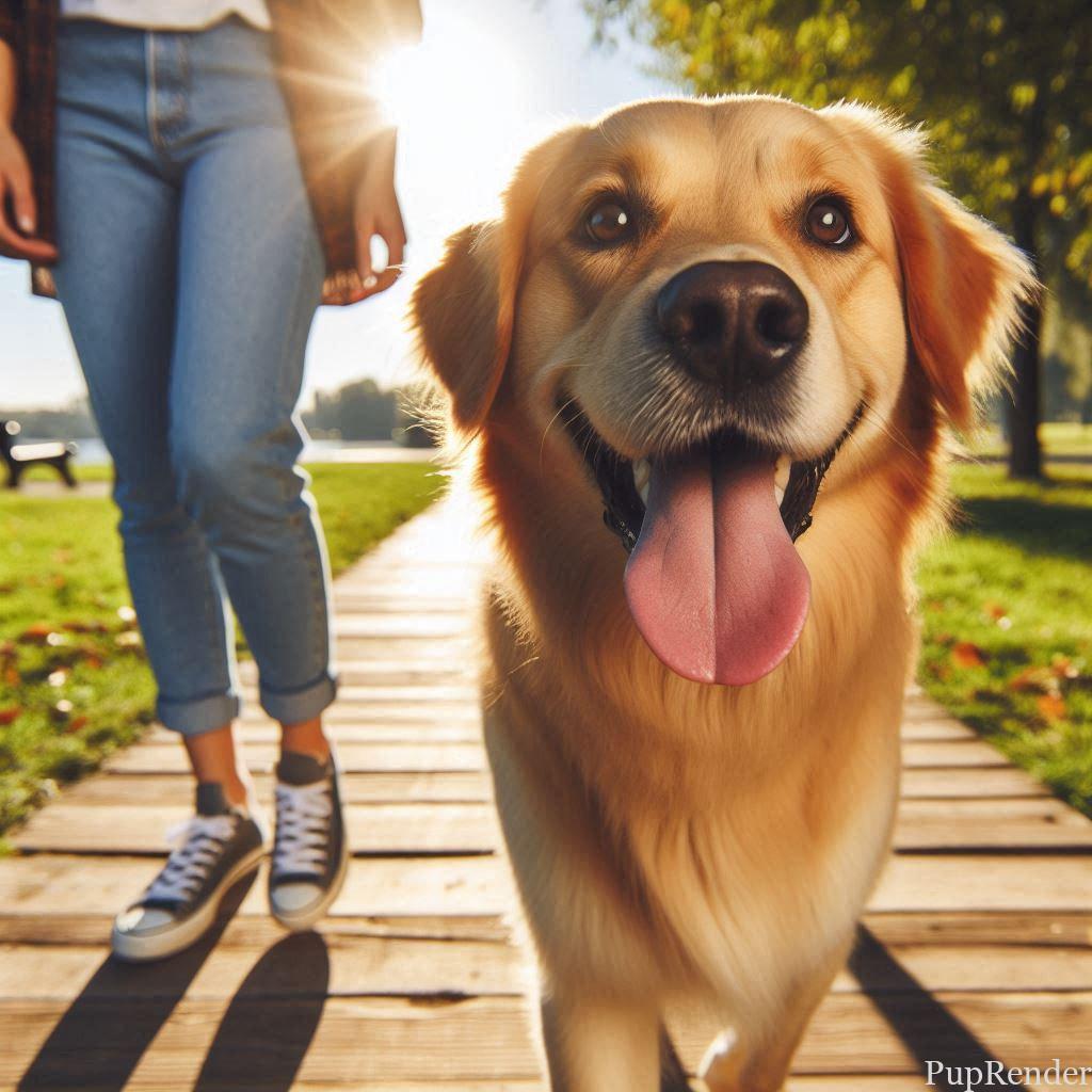 Dog walking with owner in a park.