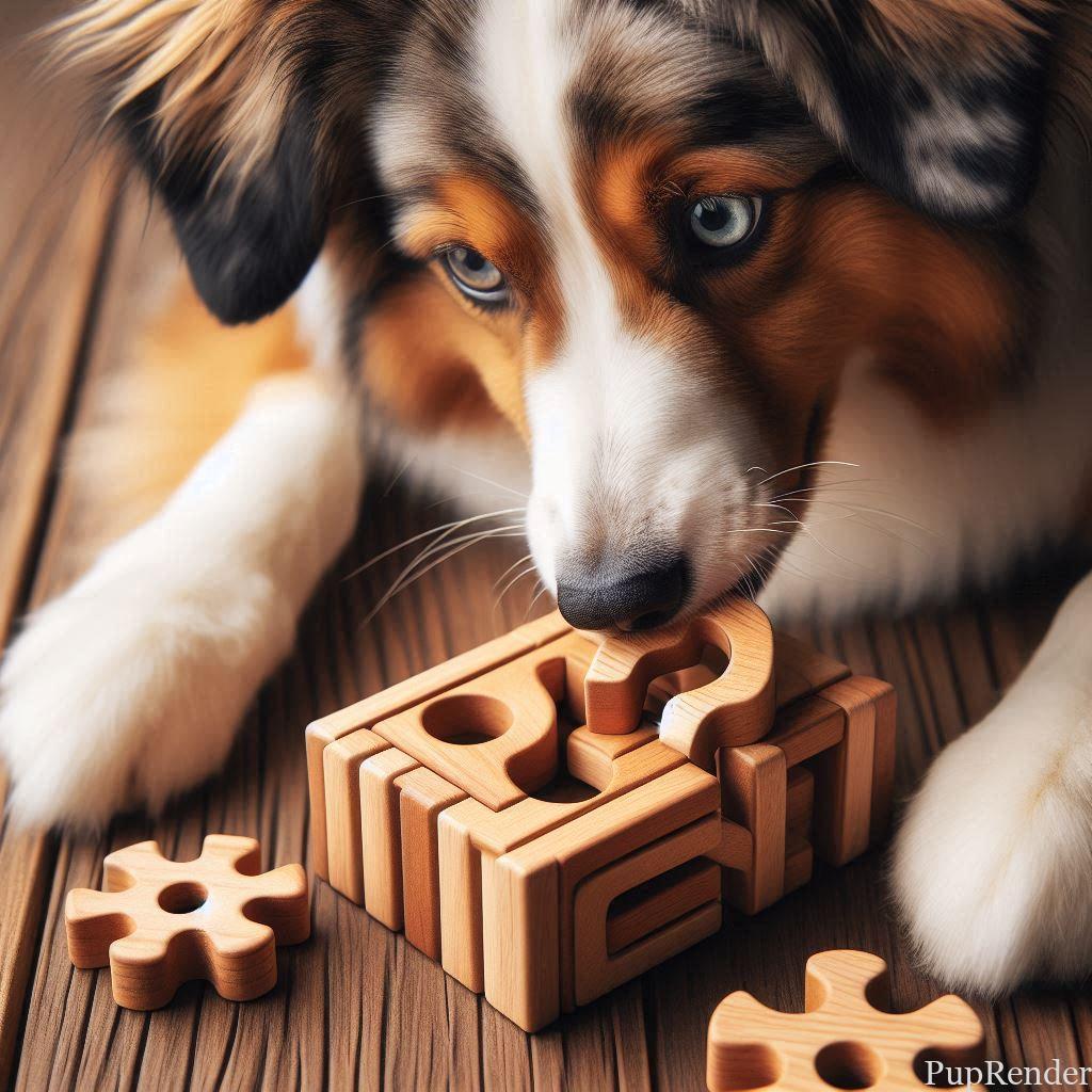 Dog playing with a puzzle toy.
