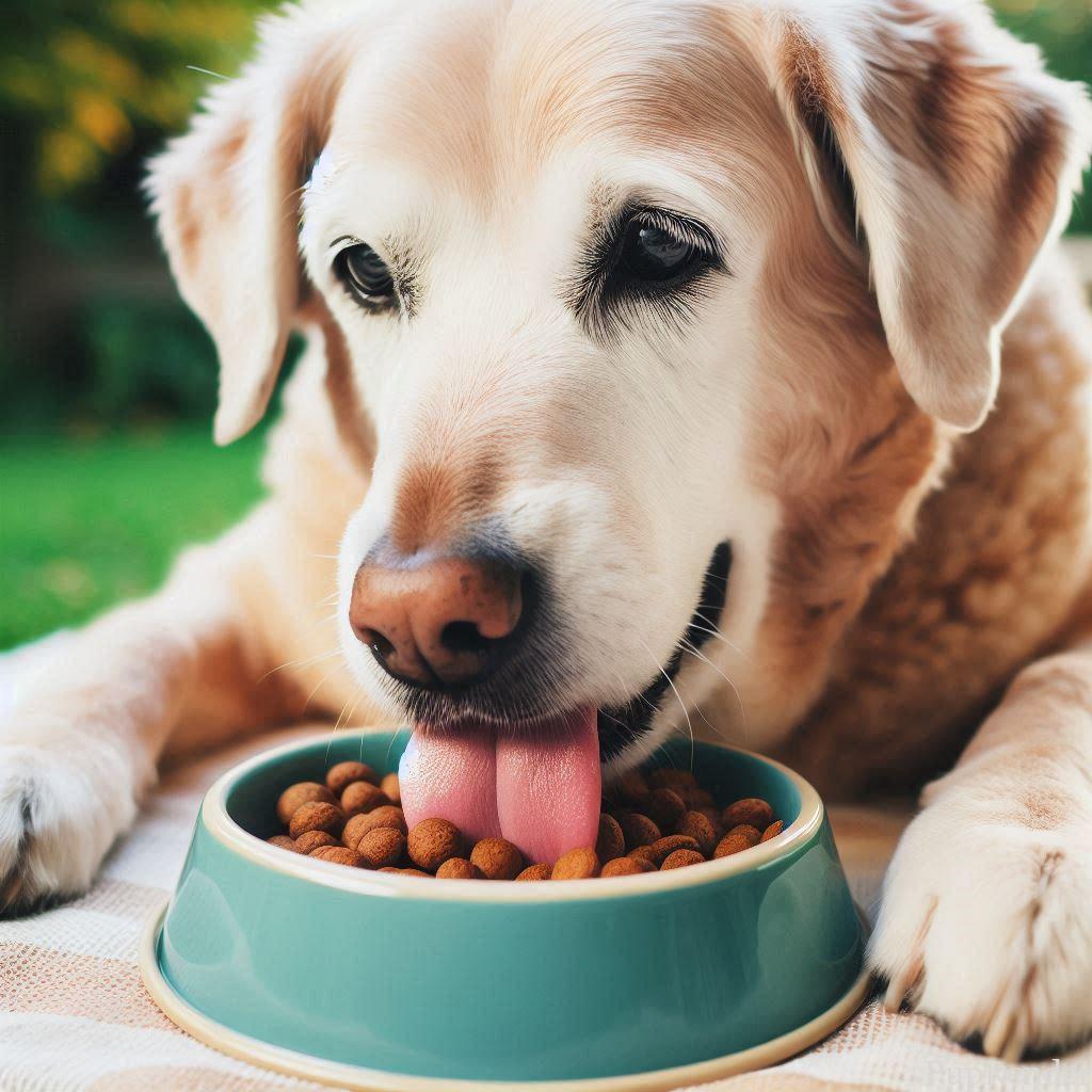 Senior dog enjoying a healthy meal.