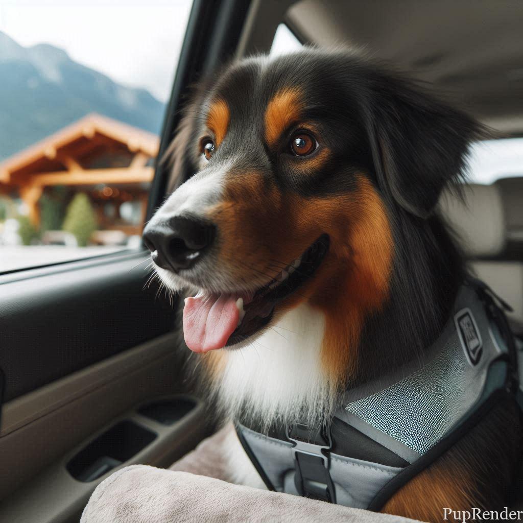 Dog wearing a calming vest in a car