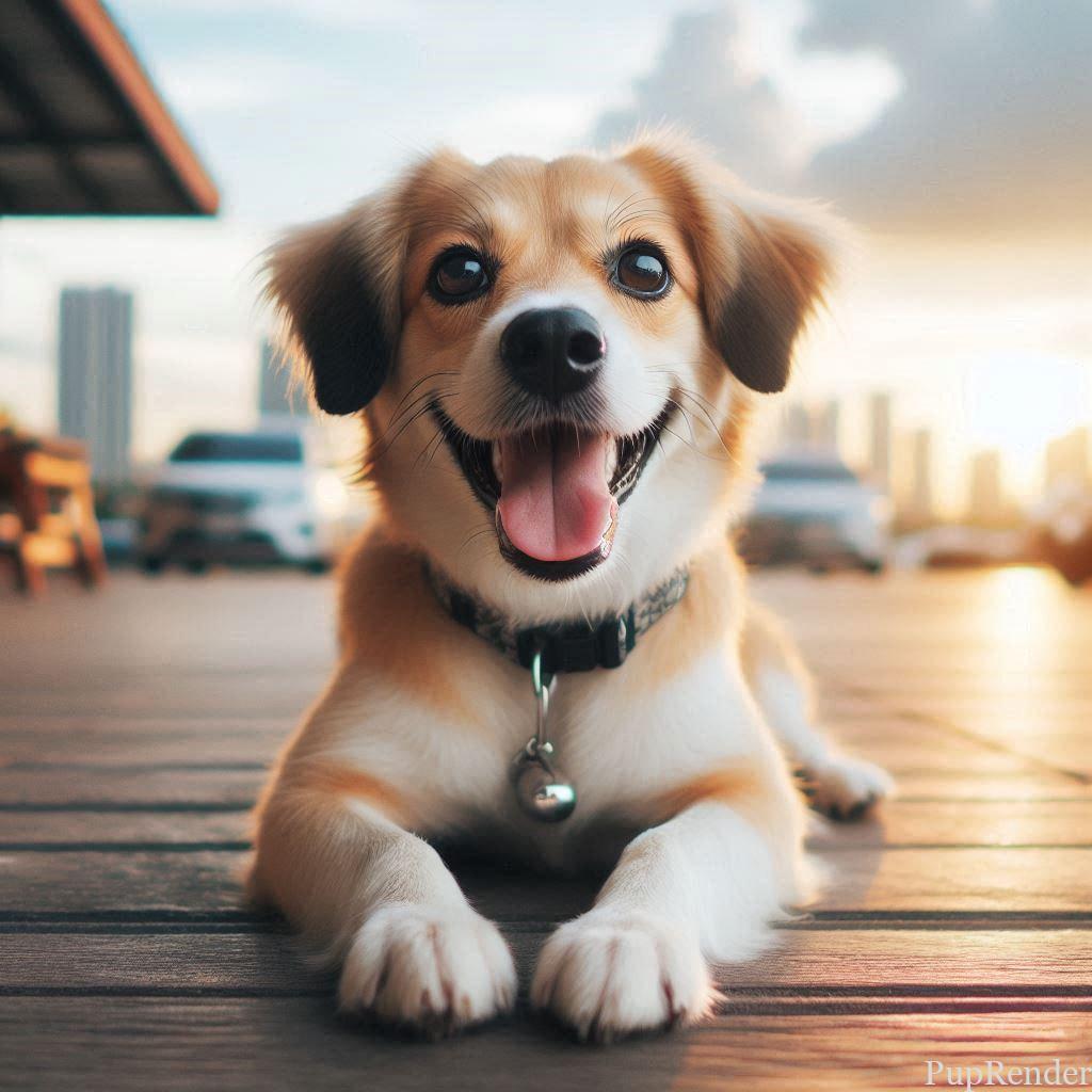 Calm dog lying down on command.