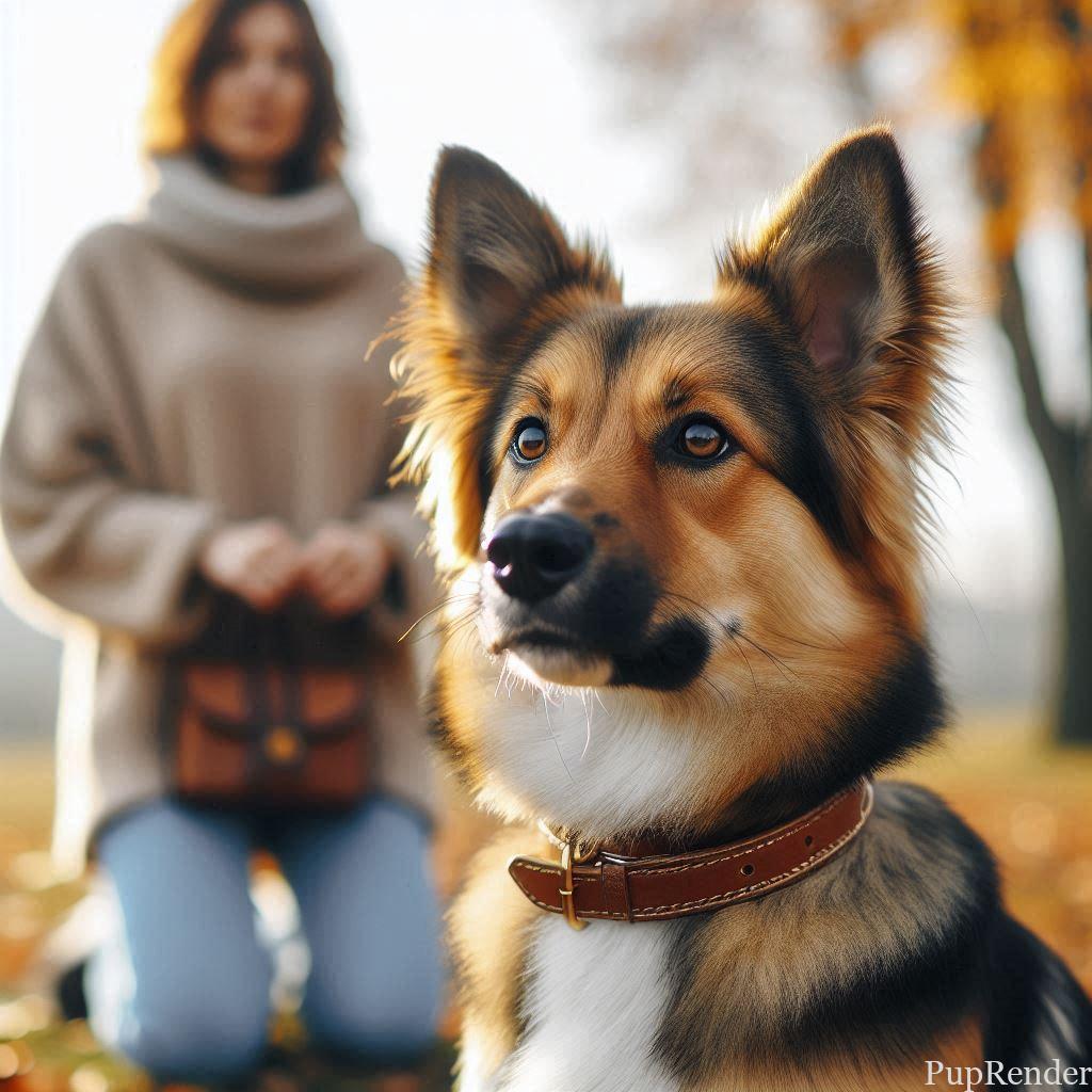 A dog sitting attentively during a training session.