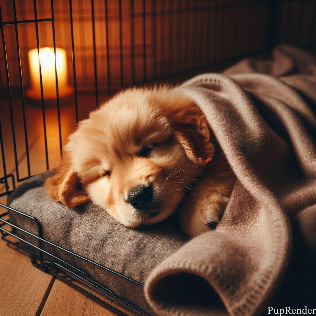 Dog sleeping in a crate at night
