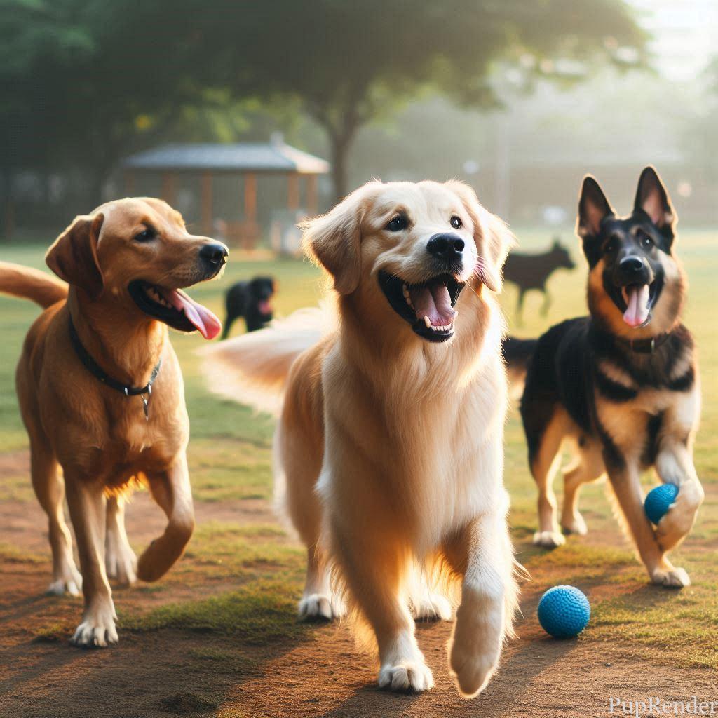 Dog playing with other dogs in a park.