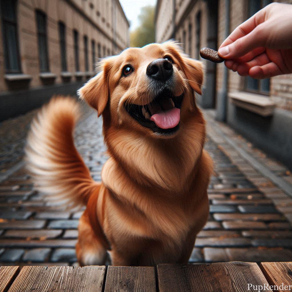 Dog wagging tail after receiving a treat