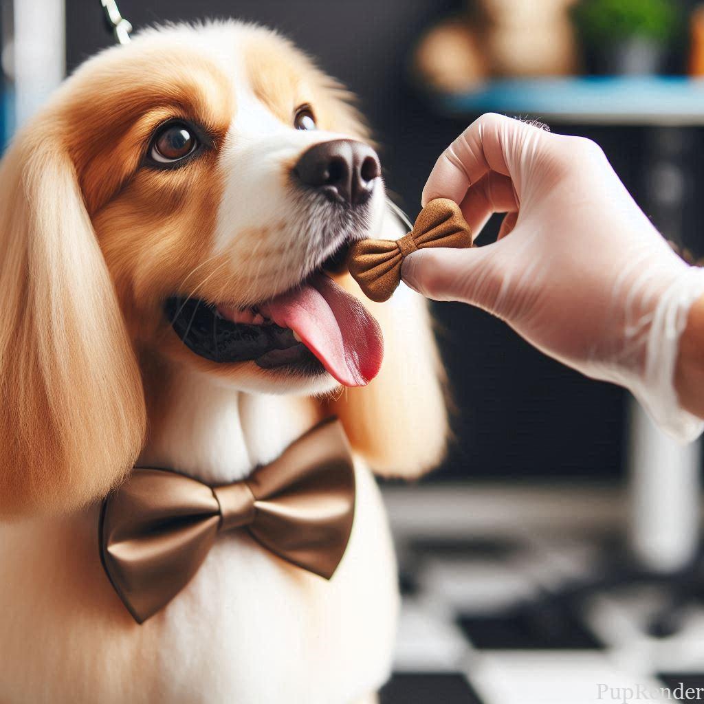 Dog receiving treats after grooming
