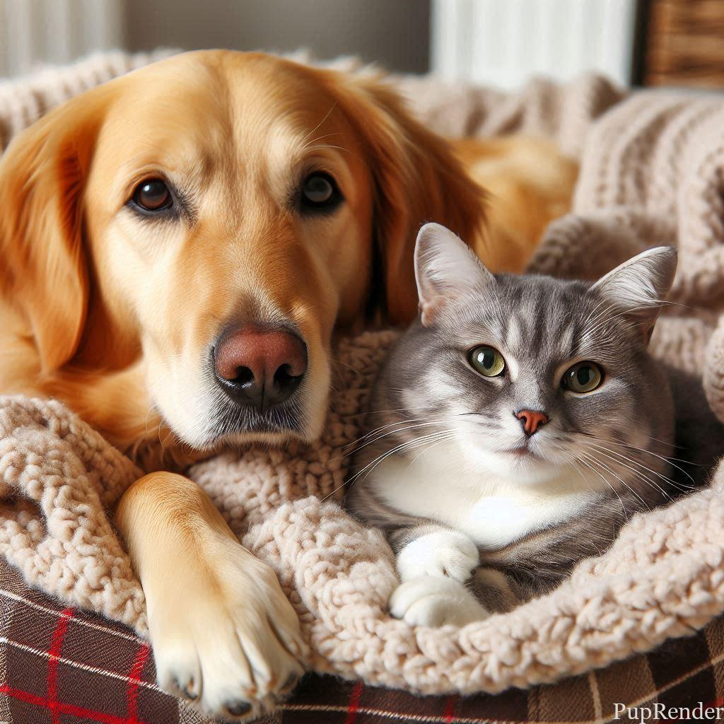 "Owner petting a dog with a cat nearby