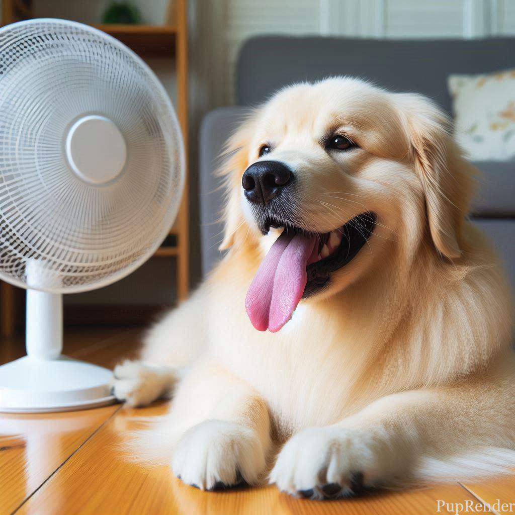 Dog lounging in front of a fan