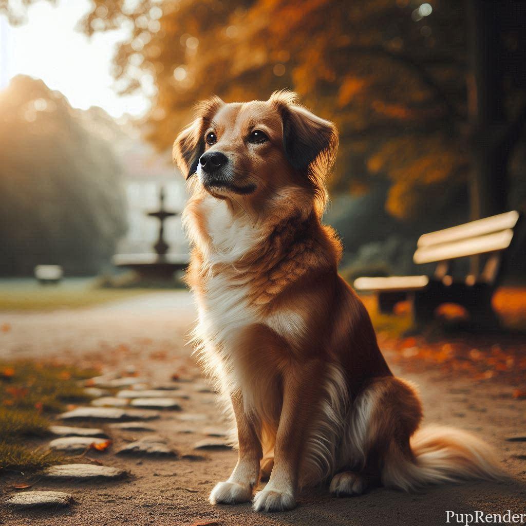 Dog sitting attentively in a park.