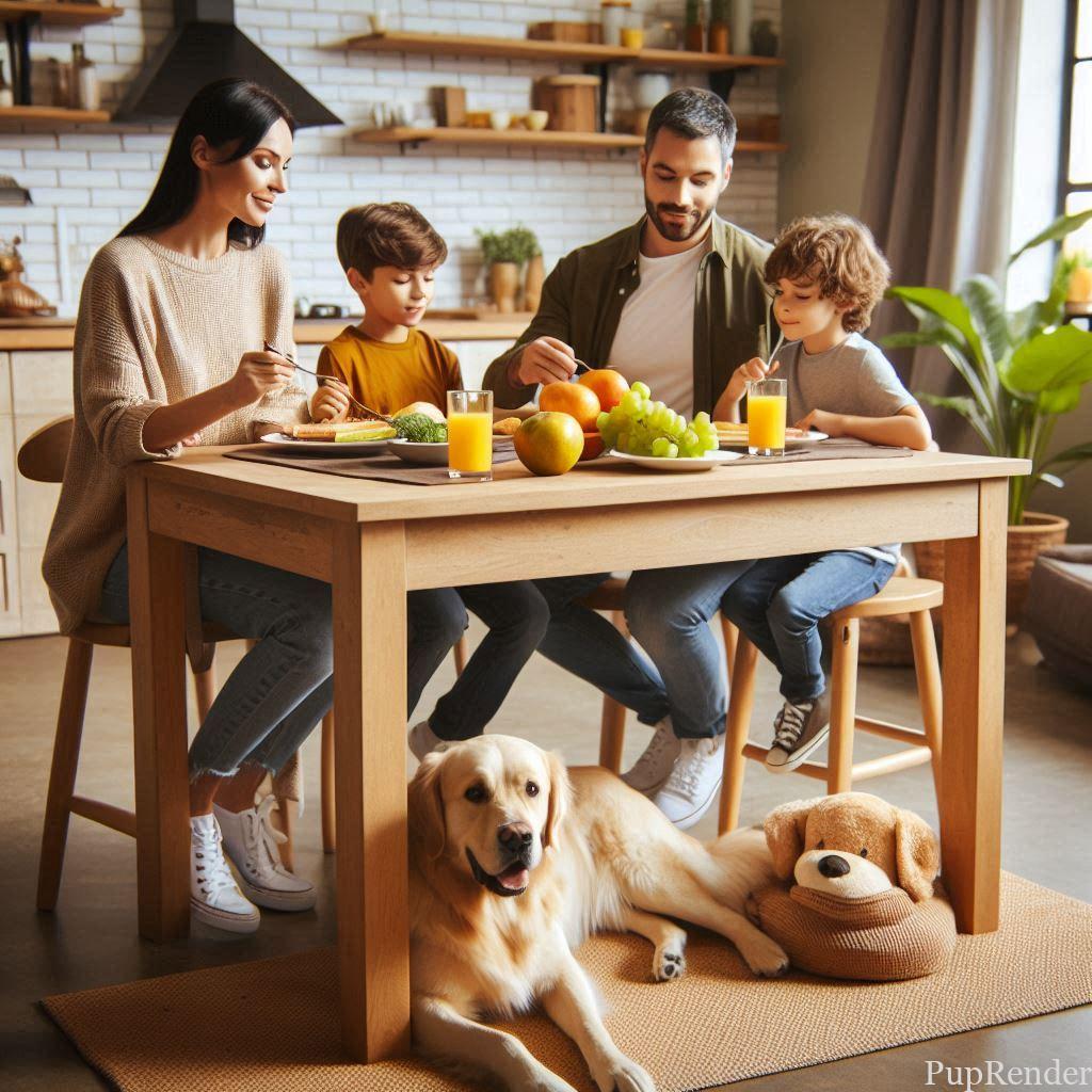 Family having dinner while their dog sits calmly nearby