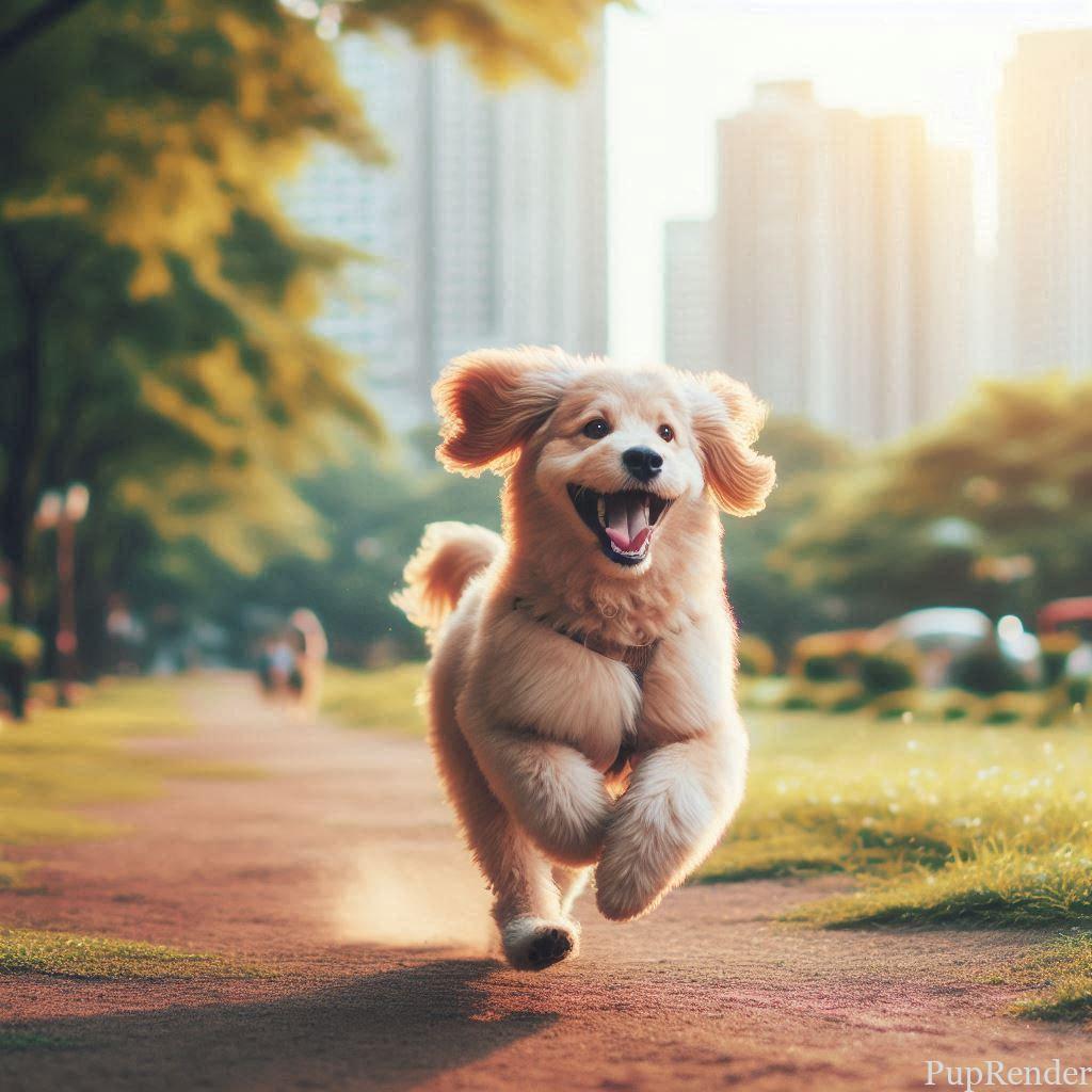 Dog running happily in the park.