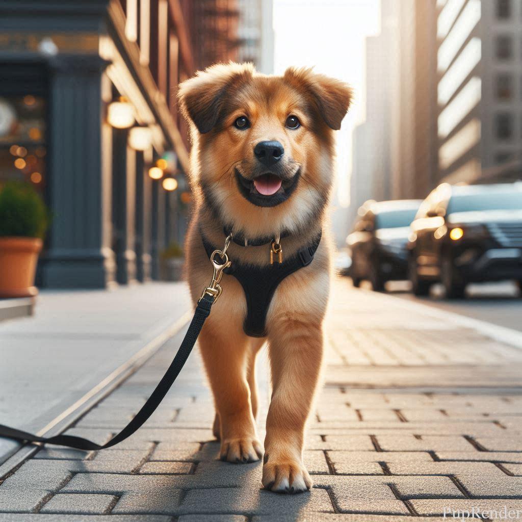 Dog walking politely on a leash in the city