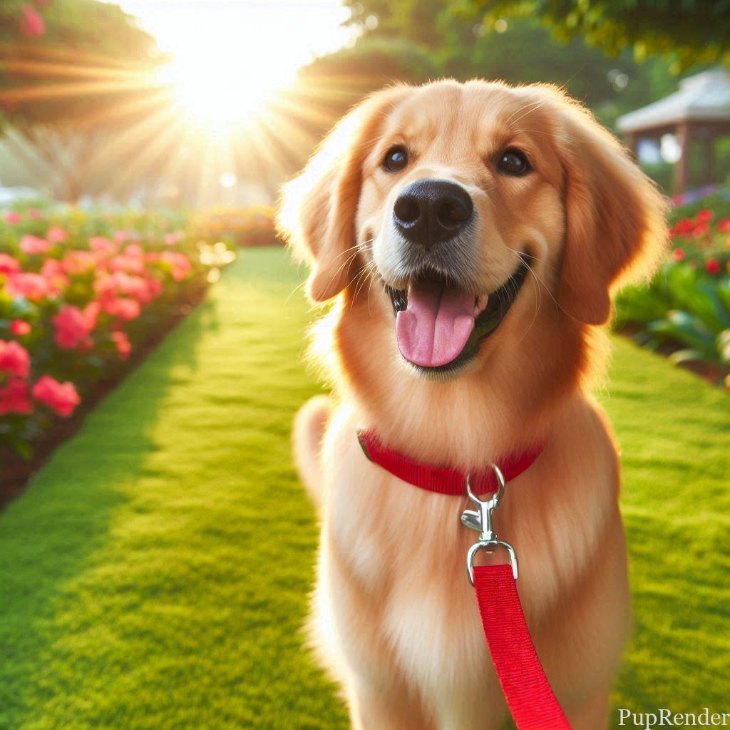 A smiling dog walking on a leash