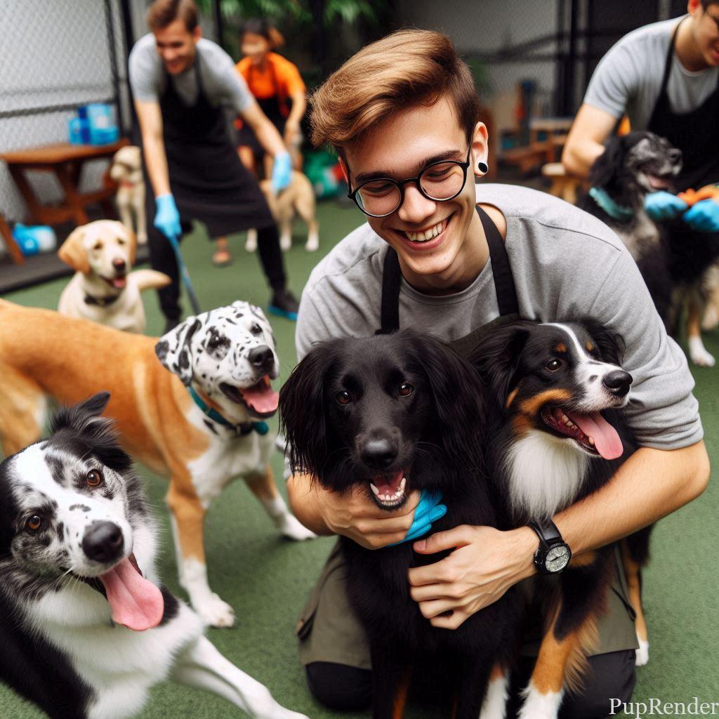 A dog daycare staff member playing with multiple dogs.