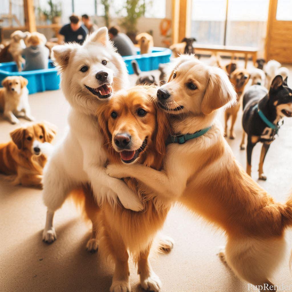 Dogs playing together in an organized activity at a daycare.