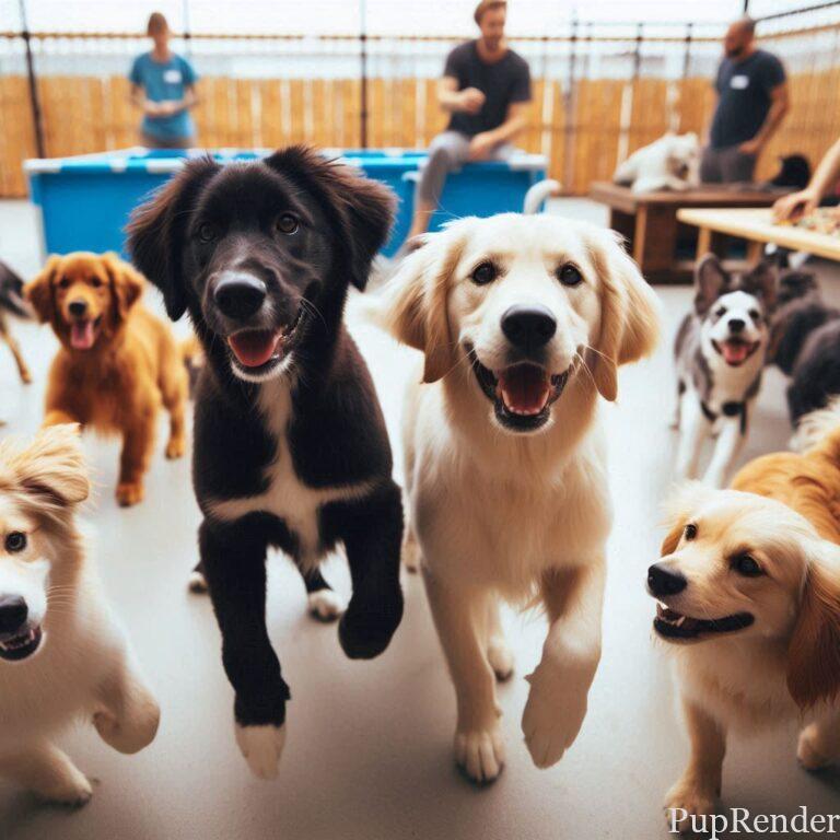 Happy dog ready to be picked up from daycare.